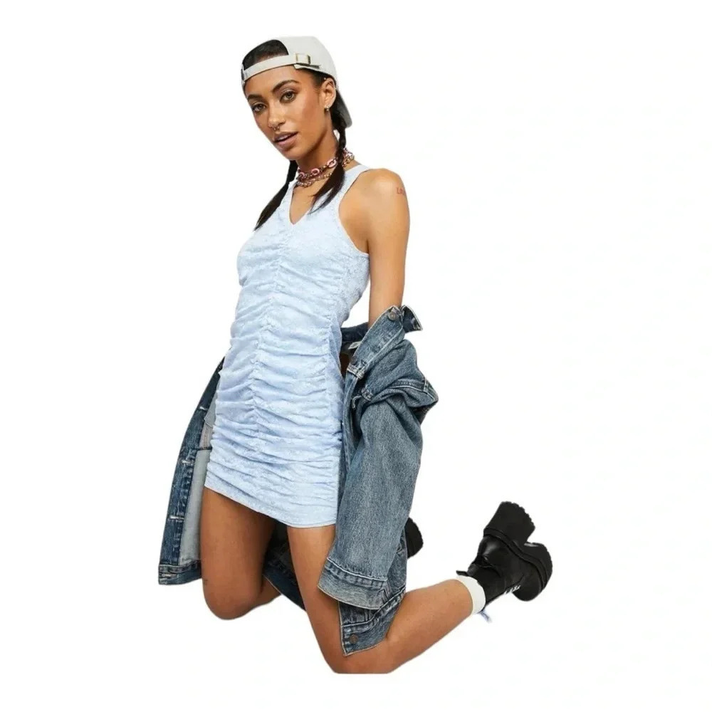 FREE PEOPLE MOTEL Smocked Bodycon Lace Mini Dress Powder Blue Medium